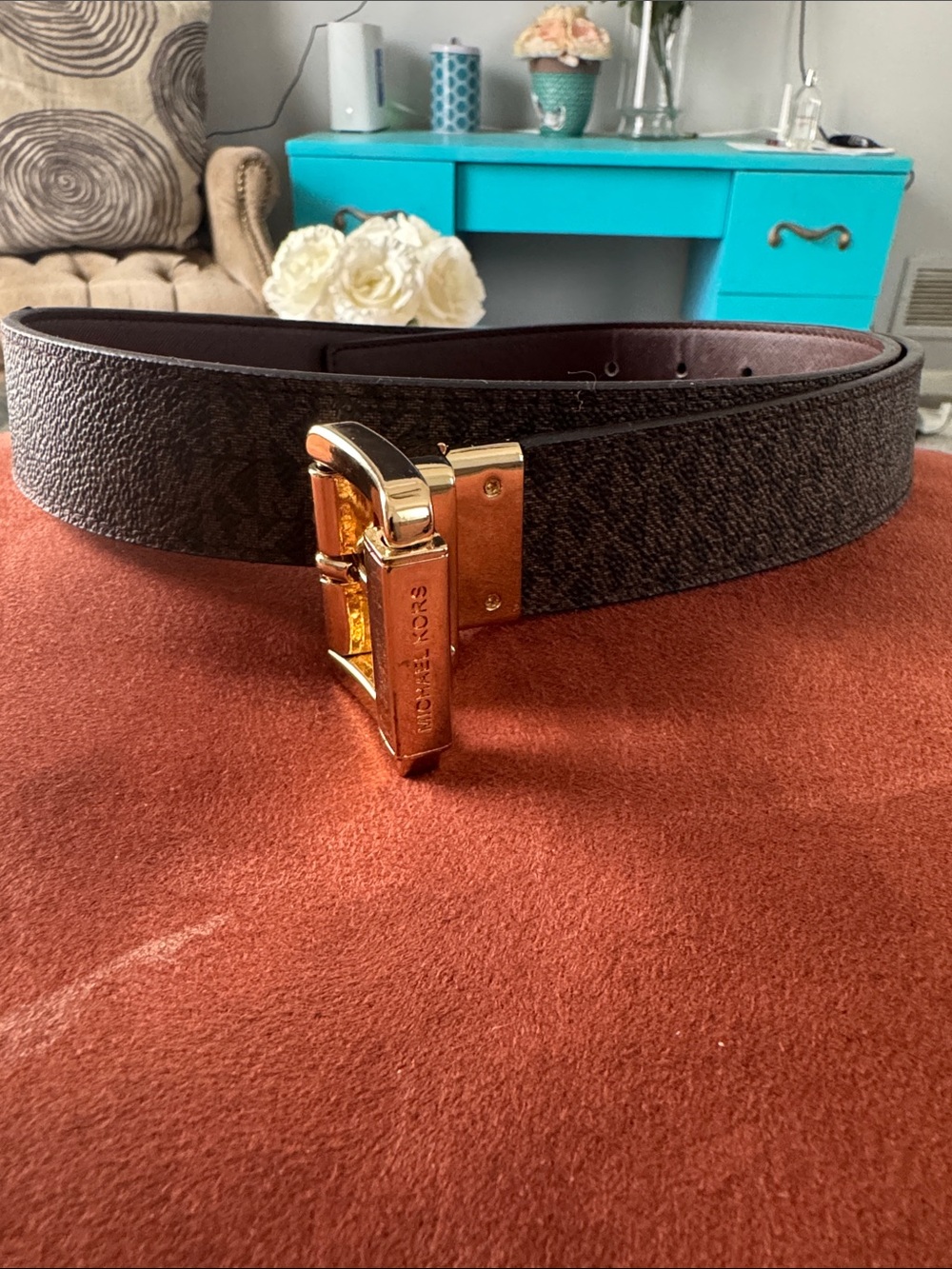 Michael Kors Dark Brown Logo-Print Leather Belt with Gold-Tone Buckle